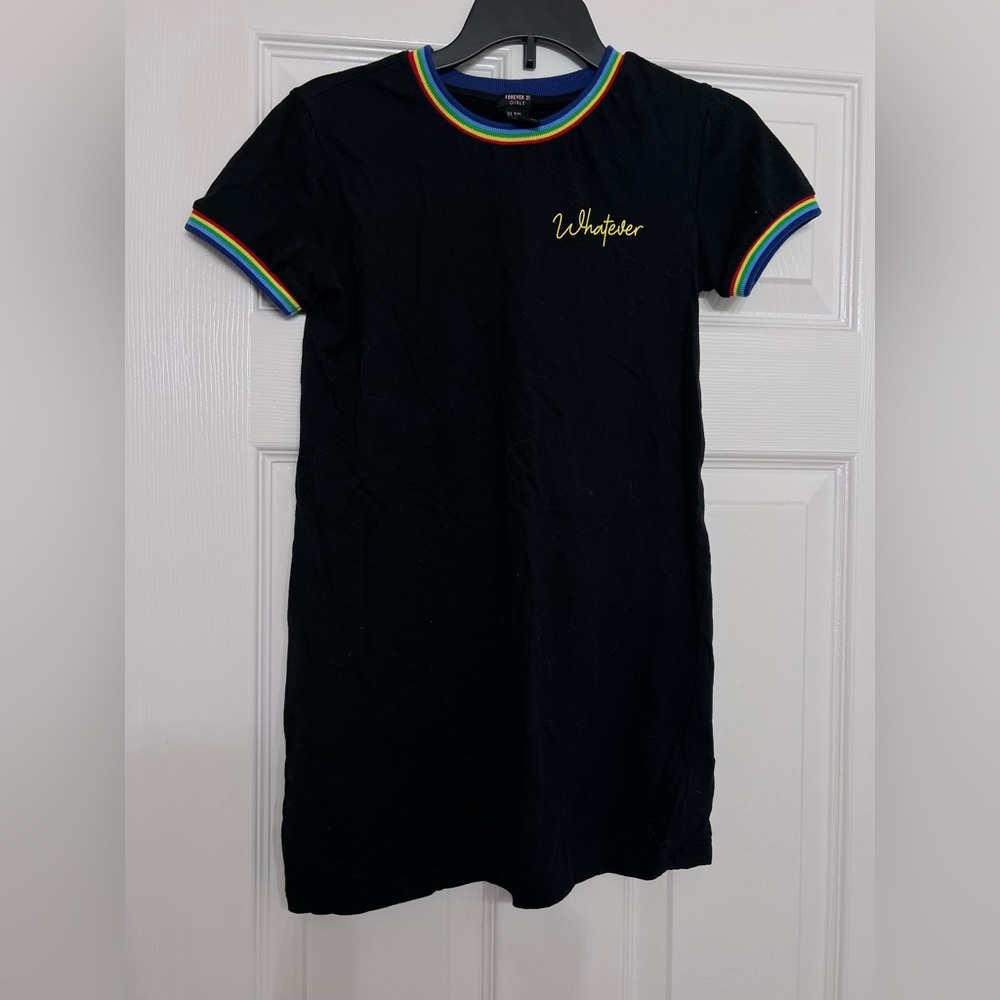 Forever 21 Girls shirt dress black with rainbow whatever logo size US 9/10